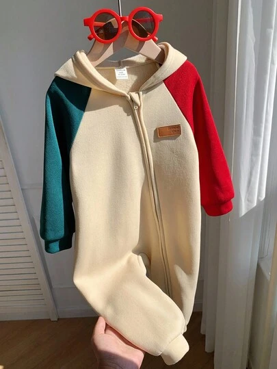SHEIN 新生儿男女通用圣诞撞色针织连帽长袖连体衣，秋冬季婴儿服装