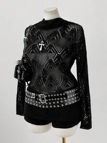 Sweetra Nuevo suéter versátil de cuello alto, hueco, punk, retro de manga larga - Negro - Ver 1