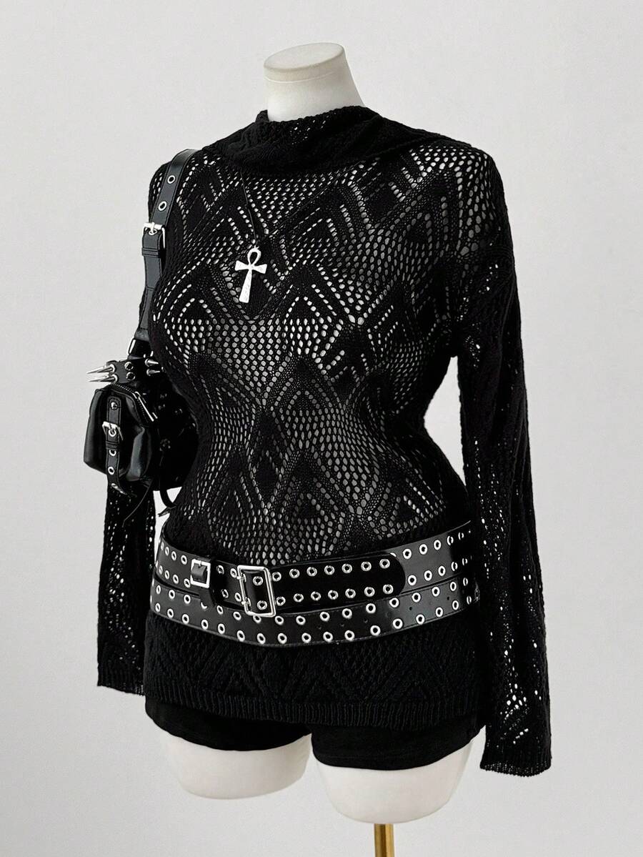 Sweetra Nuevo suéter versátil de cuello alto, hueco, punk, retro de manga larga - Negro - Ver 1