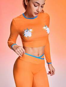 Gameset SHEIN Sport Women's Halloween Ghost & Spider Web Graphic Long Sleeve Sports T-Shirt,Orange And White,Autumn,Athleisure,Gym Workout Yoga Top Activewear Fitness Set - Orange - View 8