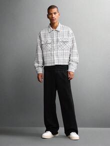 SUMWON 长袖纹理粗花呢衬衫，宽松版型，正面纽扣，白色格纹印花，短款现代街头风格，秋冬上衣