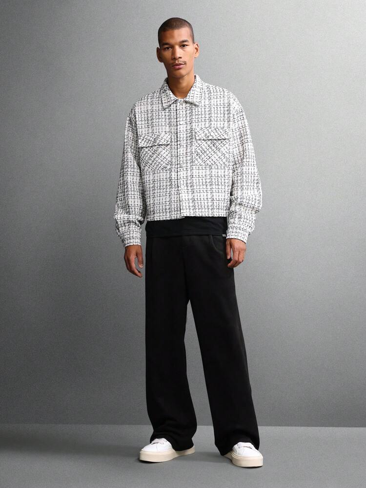 White Tweed Cropped Shirt With Check Pattern