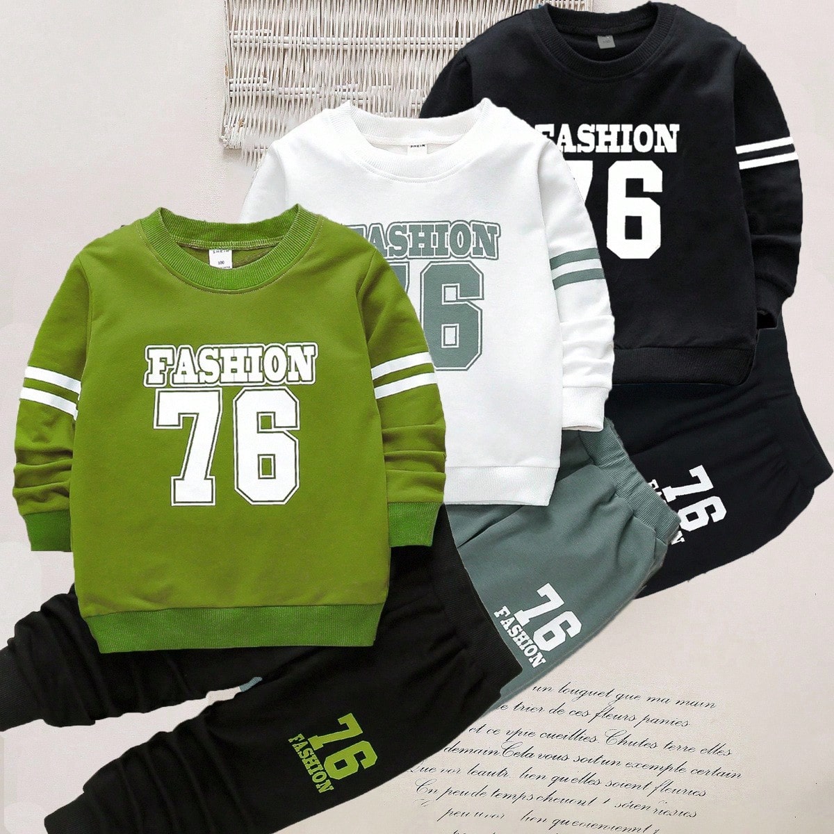 Set de 6 piezas de Chico joven - Sudadera estilo universitario deportiva casual con número 76 y letras + Pantalones, adecuado para uso diario, escuel