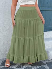 SHEIN MOOSTA Plus Size Women Elegant Vacation Ruffle Hem Solid Color A-Line Skirt - Army Green - View 1