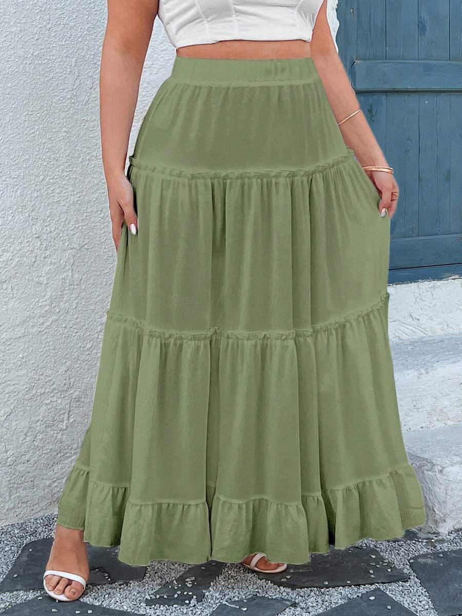 SHEIN MOOSTA Plus Size Women Elegant Vacation Ruffle Hem Solid Color A-Line Skirt - Army Green - View 1