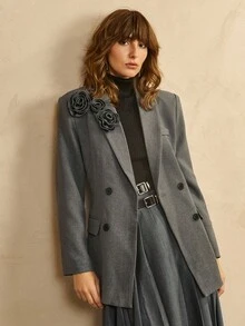女式优雅3D花卉翻领西装外套，秋季 - 深灰色 - 查看 1