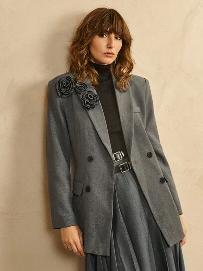 Arave 女式优雅3D花卉翻领西装外套，秋季