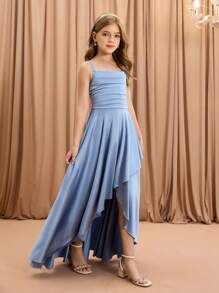 女孩优雅时尚奢华细肩带交叉肩无袖高腰收腰喇叭下摆长款不对称下摆设计纯色缎面闪亮面料高端圣诞节、毕业典礼、派对、万圣节连衣裙 - 藍色 - 查看 4