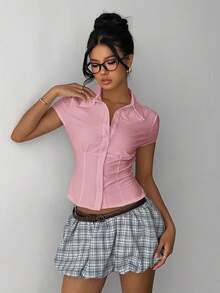 Aloruh 女士优雅纯白色短袖褶腰衬衫，通勤、日常穿着、办公室、春夏季通用 - 粉色 - 查看 5