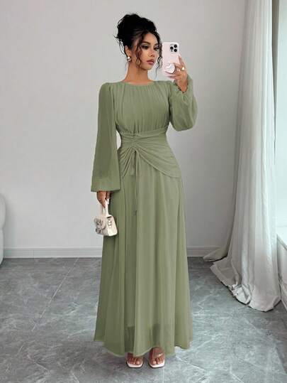 Elenzga Women's Spring/Summer French Romantic Sicily Elegant Casual Commute Vacation Afternoon Tea Party Round Neck Ruched Waist Drawstring A-Line Elastic Waist Long Sleeve Maxi Dress Fall Cloth For Women