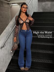 SHEIN Tall 休闲洗水中腰紧身喇叭牛仔裤 - 深色水洗藍 - 查看 6