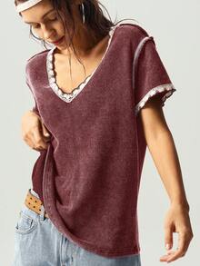 Bohemela 夏季音乐节休闲纯色荷叶边V领短袖宽松水洗女式T恤 - 紅色 - 查看 5