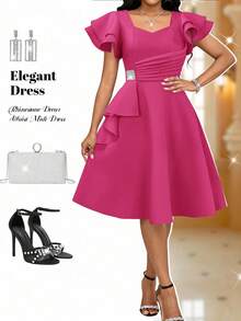 SHEIN Lady Đầm nữ màu trơn cổ tim, eo bèo nhún, đính đá lấp lánh - Màu Hồng Tươi - Xem 4