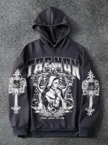 The Nun X SHEIN Men's Casual Figure Graphic Drop Shoulder Hoodie, Autumn, 2000s Style - Dark Grey - View 1