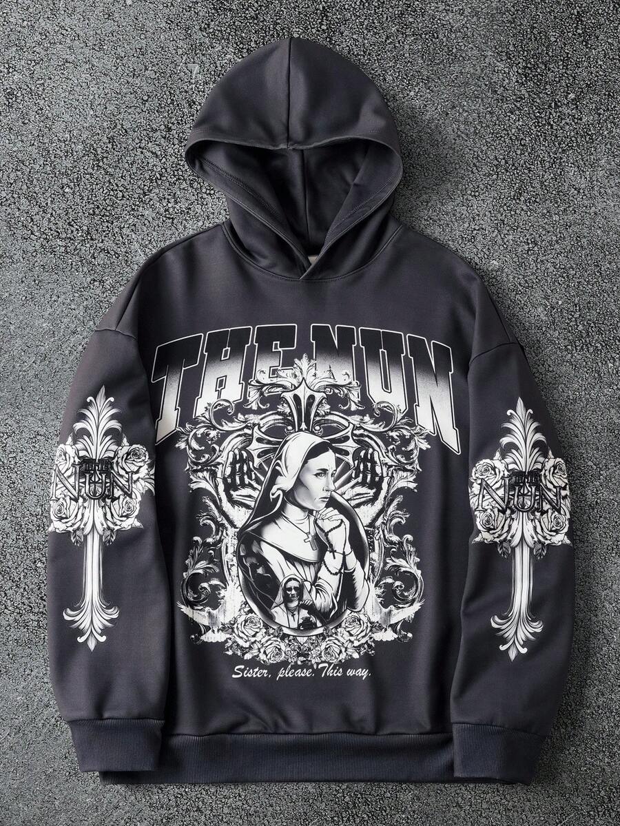 The Nun X SHEIN Men's Casual Figure Graphic Drop Shoulder Hoodie, Autumn, 2000s Style - Dark Grey - View 1