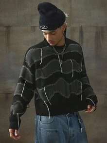 AXEPEAK Men's Casual Loose Fit Striped Round Neck Drop Shoulder Long Sleeve Sweater, Autumn, For Fall Winter - Black - View 4