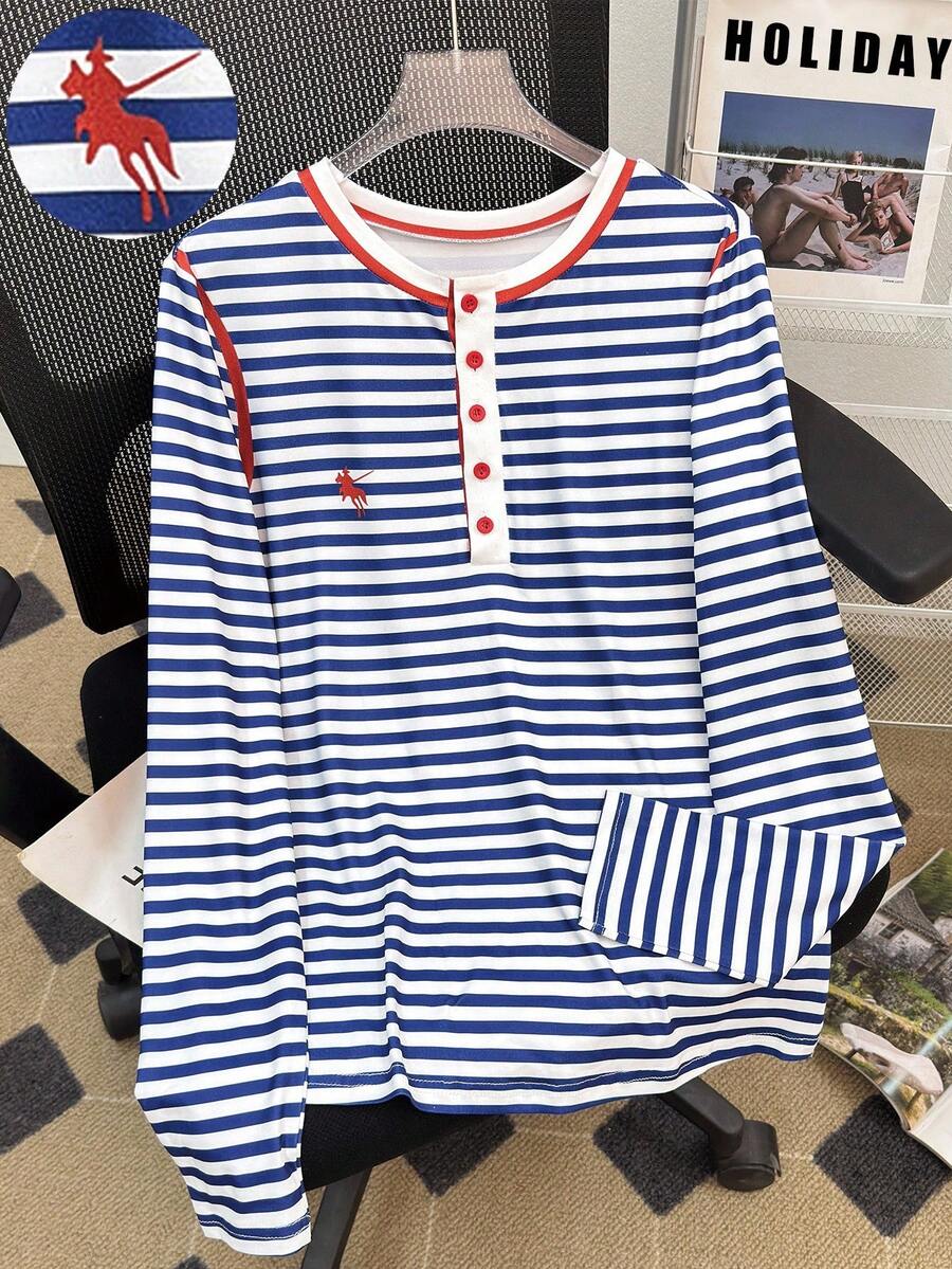 INAWLY 休闲条纹纽扣长袖T恤,春秋 - 彩色 - 查看 1