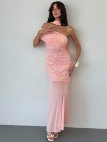 Aloruh 女士浅粉色浪漫约会度假派对不对称肩带拼布连衣裙 - 淺粉色 - 查看 9