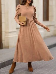 EMERY ROSE 秋季纯色休闲长袖收腰女式长裙 - 卡其色 - 查看 6