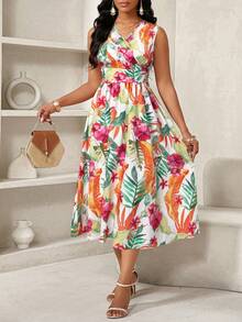 SHEIN Lady 女士休闲假日热带印花中长连衣裙夏季女装度假连衣裙海滩度假装女装 - 白色 - 查看 3