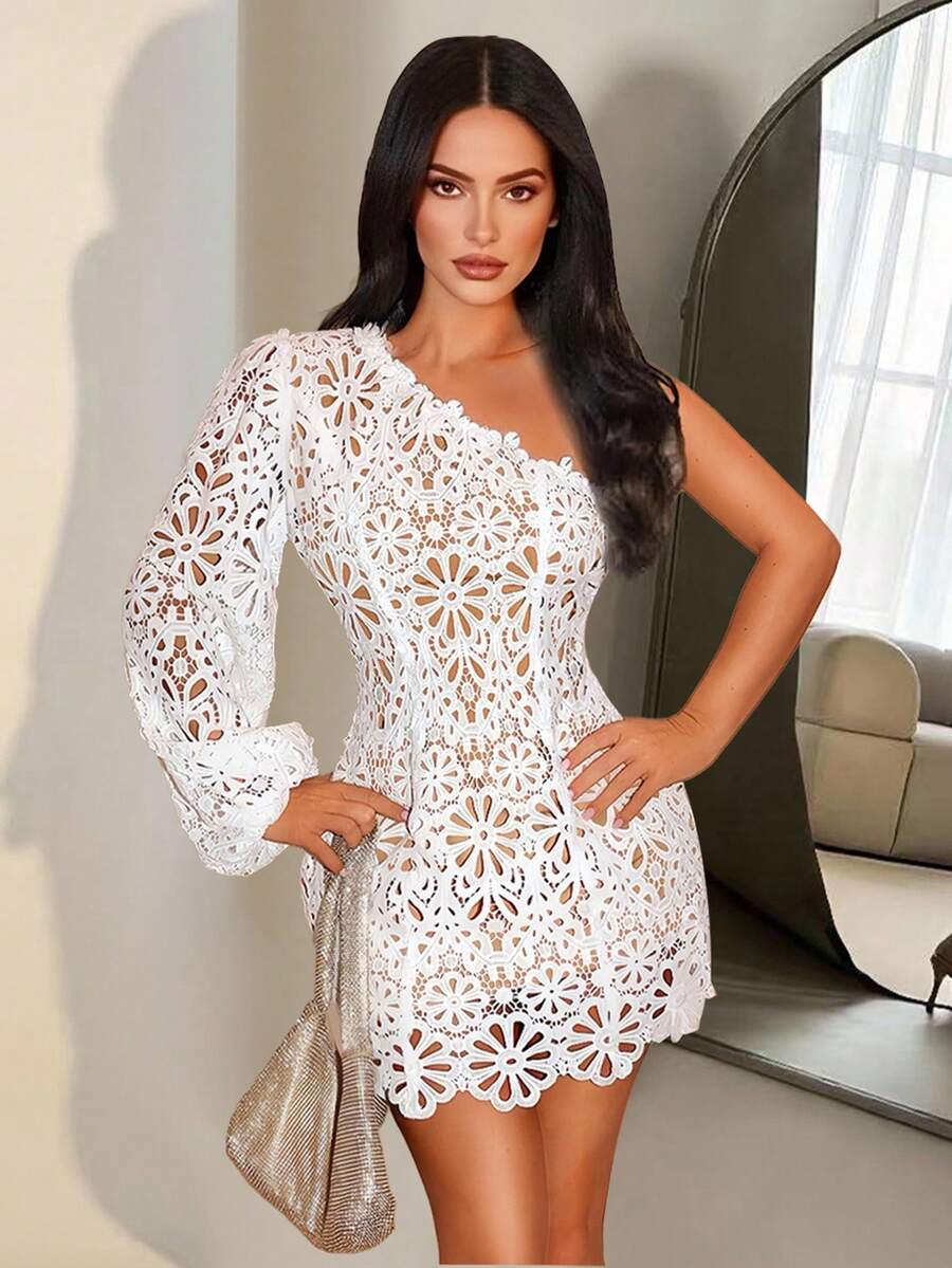 Sirith Slanted Shoulder White Lace Elegant Dress Fall Cloth For Women - White - View 1