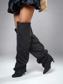 SHUZIA 女士性感尖头翻领过膝高筒周末夜派对秀出热销细高跟靴 - 黑色 - 查看 4