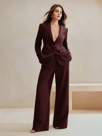 Anewsta 2pcs Women's Elegant Suit Set, Maillard Color Blazer Jacket + Straight Leg Pants, Suitable For Autumn, Fall, Winter, Going Out, Formal, Chic, New Year, Christmas, Work, Graduation