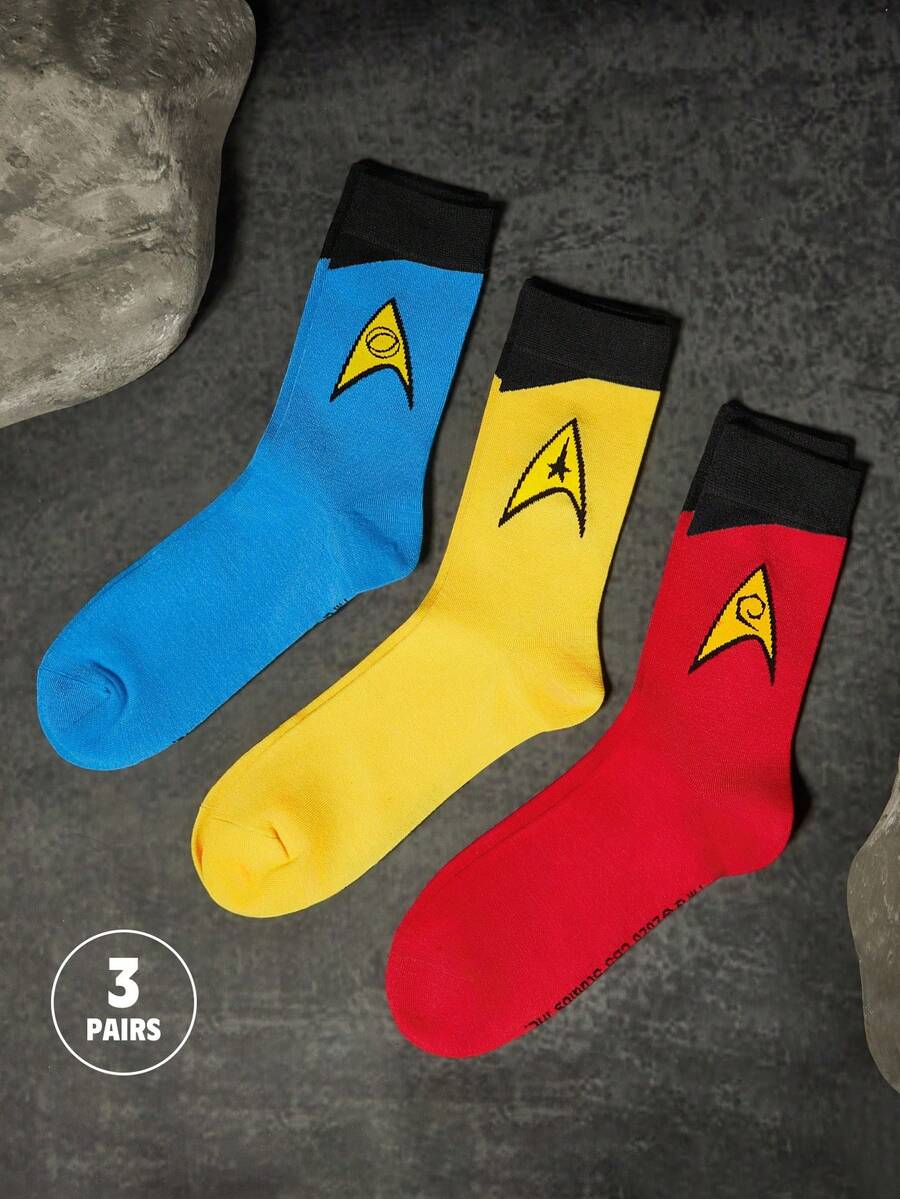 STAR TREK X SHEIN 3 双男士柔软透气吸湿排汗休闲中筒袜时尚简约基本款红蓝黄中筒袜加固脚趾和脚跟,经久耐用男女通用四季百搭夏季冬季 - 彩色 - 查看 1
