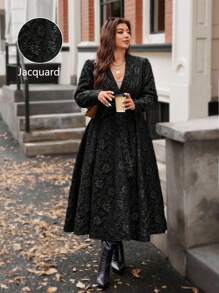 Flirla Plus Size Jacquard Elegant Long A-Line Waist Cinched Autumn/Winter Jacket Winter Autumn Fall - Black - View 8