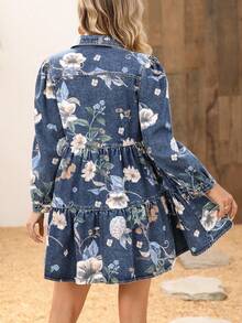 EMERY ROSE Vestido vaquero de manga larga con botones delanteros y bolsillo estampado, informal para mujer - Azul lavado oscuro - Ver 2