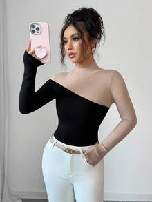 Elenzga Áo len dệt kim đơn giản màu tương phản cổ lọ thanh lịch dành cho nữ - màu đen - Xem 6