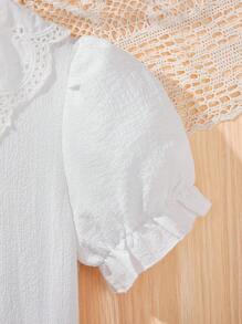 Tween Girl Solid Color Peter Pan Collar Short Sleeve Shirt With Front Buttons, Cute - White - View 6