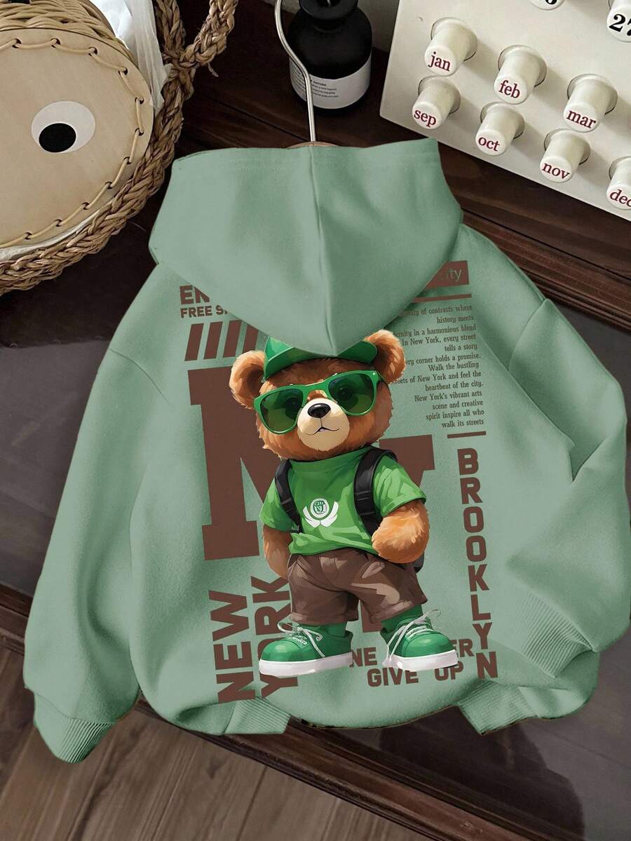 男童休闲简约纽约可爱卡通熊图案舒适厚针织长袖卫衣，秋冬季 - 薄荷綠 - 查看 1