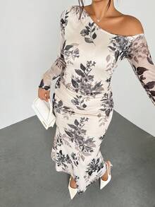 Firerie Plus Size Elegant Vacation/Party Ruched Open Shoulder Elastic Mesh Floral Print Fishtail Long Sleeve Dress For Women, Spring/Autumn - Multicolor - View 6