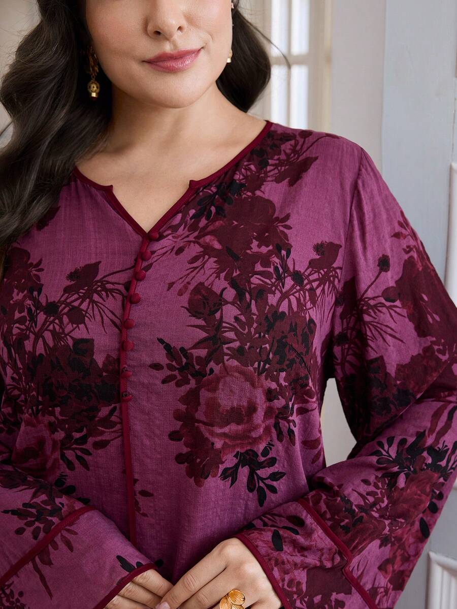 Al Najma 大码女式花卉印花V领长袖宽松阿拉伯风格长裙 - 駝色 - 查看 1