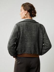 Uhlyne 秋冬新款时尚梭织翻领格纹优雅长袖休闲修身纽扣设计女式夹克外套 - 黑色 - 查看 5