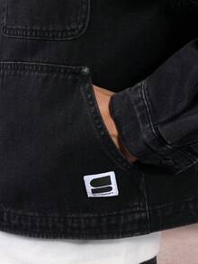 SUMWON 短款工装牛仔夹克，宽松长袖工装衬衫，带多个实用口袋，复古时尚外套，适合秋冬季穿着。 - 黑色 - 查看 5