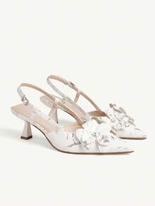 CUCCOO CHICEST 女士尖头鸢尾花高跟鞋，大理石纹理，细高跟，优雅浪漫经典白色仿皮穆勒高跟鞋，适合约会和正式活动，秋冬 - 白色 - 查看 2