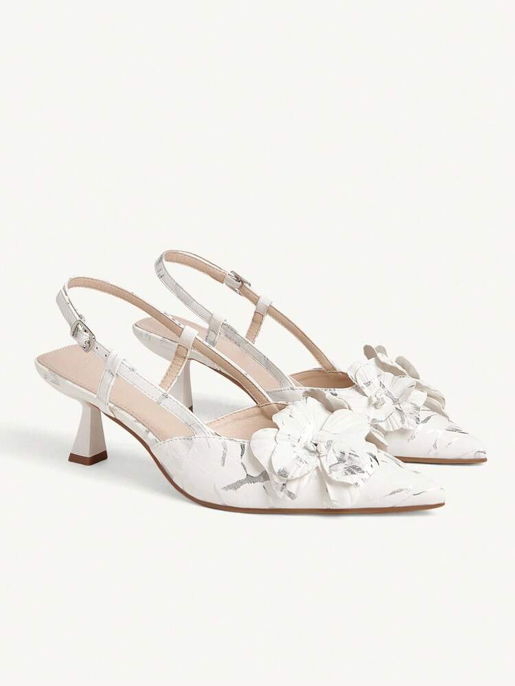 CUCCOO CHICEST Women's Pointed Toe Pumps With Iris Flower, Marble Texture, Stiletto Heel, Elegant Romantic Classic White Faux Leather Mule Heels For Dates And Formal Events, Autumn/Winter