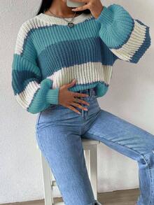 EMERY ROSE Casual Colorblock Striped Cropped Sweater, Autumn/Winter Fall Cloth For Women - Multicolor - View 7
