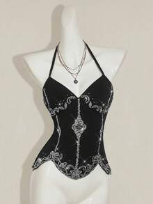 SHEIN ICON Women's Sequin Embroidered Backless Crop Top, Y2K Retro Sexy Chic Cute Blouse Gothic Top Rhinestone Corset Top,Tank Top,Black Top - Black - View 3