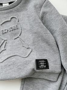 SHEIN 2 件套男婴/女婴可爱灰色 3D 熊卡通印花长袖运动衫和慢跑运动服，男女通用婴儿服装，婴儿冬季服装 - 灰色 - 查看 4