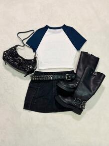 Attitoon 休闲简约复古汽车印花圆领短袖短款修身 T 恤，适合夏季穿着 - 藏蓝色 - 查看 2