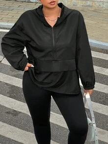 SHEIN EZwear 大码女式休闲纯色拉链半拉链连帽夹克 - 深灰色 - 查看 4