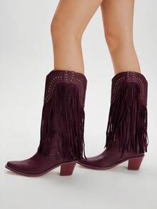 Styleloop CUCCOO Women's Pointed Toe Chunky Heel Fringe Studded Western Mid-Calf Boots - Burgundy - View 5