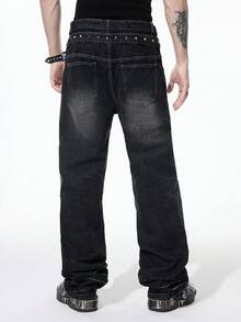ROMWE MEN Grunge Punk Jeans de pierna ancha con decoración de remaches, estilo casual de calle, con doble cintura para hombres - Negro - Ver 7
