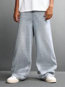 SUMWON 超宽腿宽松低裆浅色水洗牛仔裤 滑板风街头风宽松全长休闲时尚裤 纯色 - 藍色 - 查看 5