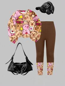 Young Girls Casual Fashionable Autumn Cartoon Rabbit Capybarasan Graphic Print Crew Neck Sweatshirt And Leggings Set, Back To School Season - Multicolor - View 4
