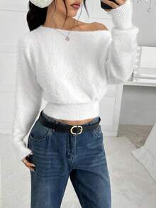 SHEIN EZwear 2025 New Minimalism Fall And Winter Comfortable Softy Cute White Sweater Women's Solid Color Asymmetric Neckline Casual Long Sleeve Sweater Going Out Outfit Halloween Clothes Christmas Clothes Autumn Clothes