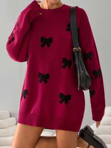 EURMUSE Red Knit Bow Pattern Sweater – Black Bow Jacquard Crewneck Pullover